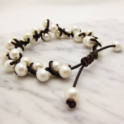 Leather and Pearl Bracelet: Knotted with Natural Fresh Water White Pearls, nature nautical ocean clam cream organic snow mothers day