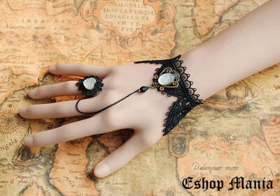 Gothic Victorian Lolita BLACK lace bracelet WHITE mirror w chain n heart shape ring Vampire style Costume Party Goth crispy