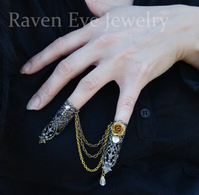 Goblin Queen Fierce Brass Filigree Jeweled Nail Armor Ring Set Double Attached Rings