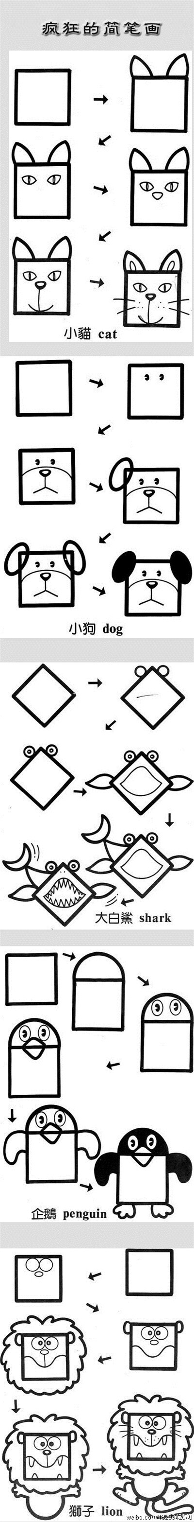 【简单手绘】寥寥几笔，就画出了猫、狗、狮子、企鹅和大白鲨，你也可以哦！