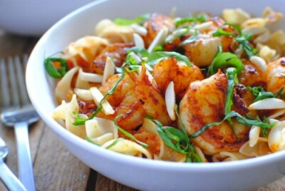 paprika shrimp over creamy egg noodles.