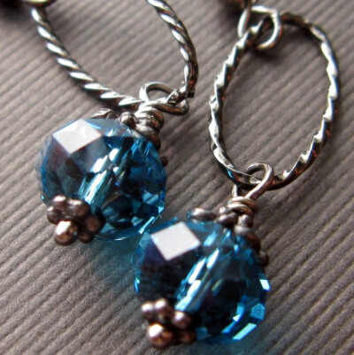 Teal and gunmetal swarovski crystal earrings hoop petite oval