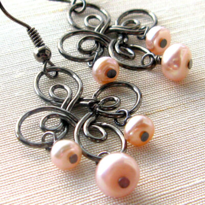 Pink fresh water pearl and gunmetal earrings