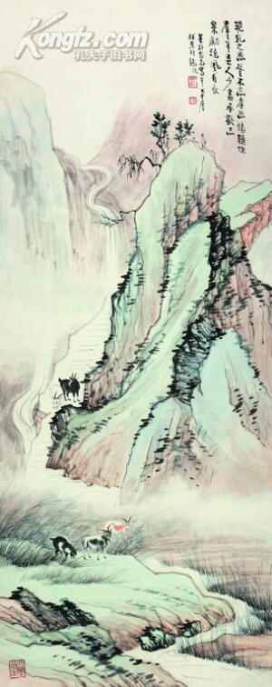 张大千、张善孖 合作 三阳开泰 题识：跪乳之恩誓不忘，孝思锡类愧群羊，吾人少尽承欢志，策励浇风流自长。  善孖家兄写羊，大千居士补景并题。 说明：此大千早年笔，与其兄善孖合作，笔法略显稚嫩，但灵动秀逸之气铺满画面，可见其后日成大器也。此时书从曾熙，点写运转，极肖其师。