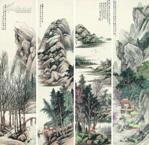 吴榖祥 山水四屏 题识：（一）六如宗刘李马夏，和以天倪，资于书卷，故学北宗者多作家面目，独子畏起，而北宗画法遂有雅格。秋农学六如法并记。（二）兴到云溪翰墨香，半窗疏影竹风凉，鸥沙渔浦苍茫外，着我临流旧草堂。姚云东小景好作沙坳水曲，孤钓独吟。其阔幅则远浦疏林，茅屋草堂。葭菼沧洲之外，着四五渔舟而已。秋圃老农吴谷祥。（三）为爱寒林环曲水，扶筇不忍过溪桥。既无筇何以扶，拟改徘徊两字。老农自记。（四）山静似太古，日长知小年。仿思翁山居图本，秋农吴榖祥。