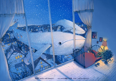 快睡吧，孩子！今晚会有鲸鱼来到你窗前，带你游弋梦乡。丨作者：@长叶子
