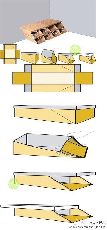 【DIY鞋盒】许多人在买了鞋子之后，会将鞋盒扔掉，太浪费了。如果在传统鞋盒的两个长边增加了两条方便对折的斜线，让鞋盒的侧面可以往内压平，就能变成一个开口的鞋盒多个这样的鞋盒。可以直接堆叠起来，变成一个简易鞋架，不会有灰进入，而正面开口，方便存取鞋子。童鞋们赶紧来DIY吧！