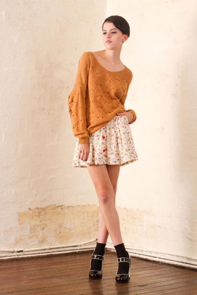 厂妹系列：Oversized Knit Jumper & Pencil Print Full Skirt