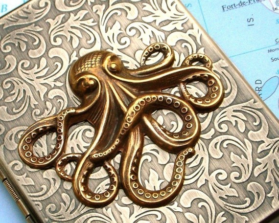 Steampunk Cigarette Case OCTOPUS Large Size Use As Credit Card Holder / Business Card Case / Metal Wallet - Art Nouveau Design Gothic Victorian Kraken - Antiqued Brass Gold Finish - ULTIMATE Nautical …