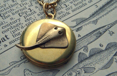 Tiny Vintage Locket Necklace Bat Ray Fish Small Round Antiqued Brass Rustic Primitive Finish Small Size