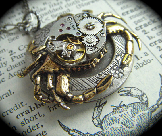 Necklace Steampunk Jewelry Rustic Crab Locket Antique Vintage Watch Movement Gothic Victorian Brass &amp; Silver Mixed Metals Round Pendant