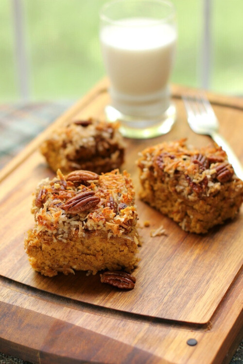 pumpkin oat snack cake with broiled coconut icing.