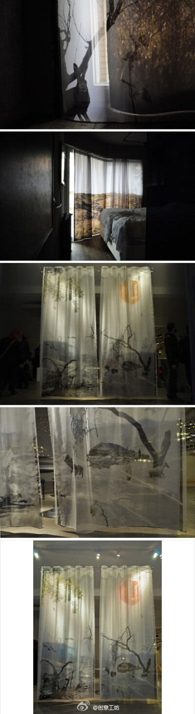 【3D 景观窗帘】荷兰艺术家 Eric Klarenbeek 将大自然的景物通过窗帘带入到室内，上面印有动物、风景、植物等等，以透明的方式营造出整个窗帘的立体化效果，当风吹过之时，说不定还能看到动物的活灵活现。