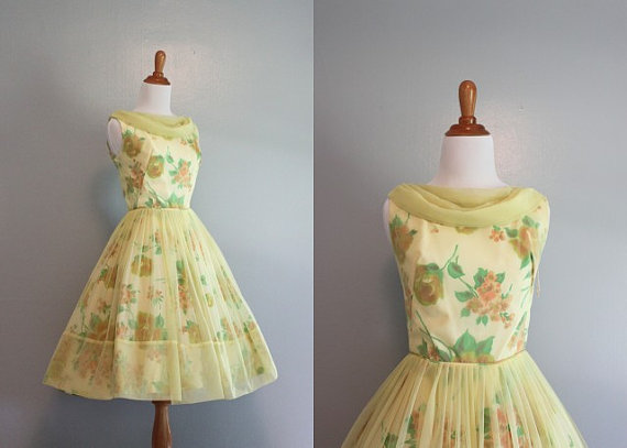 60s Party Dress / 1960s Chiffon Dress / 60s Yellow Floral Party Dress