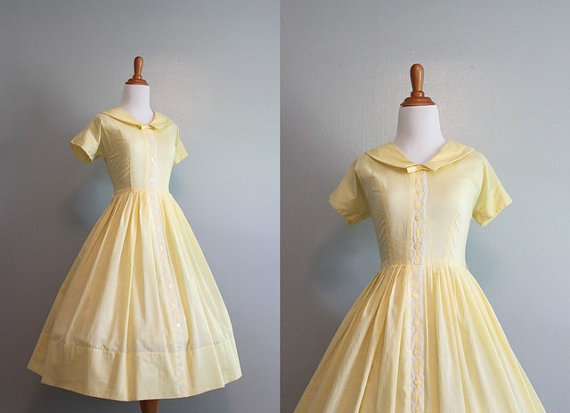 1950s Dress / Vintage Dress / 50s Sheer Dress / Lemon Organdy / 50s Dress