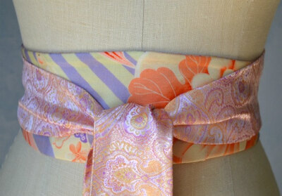 Rare Obi sash reversible belt orange lilac pink ivory wedding sash hand painted silk floral asian waist cincher有浮世绘的感觉