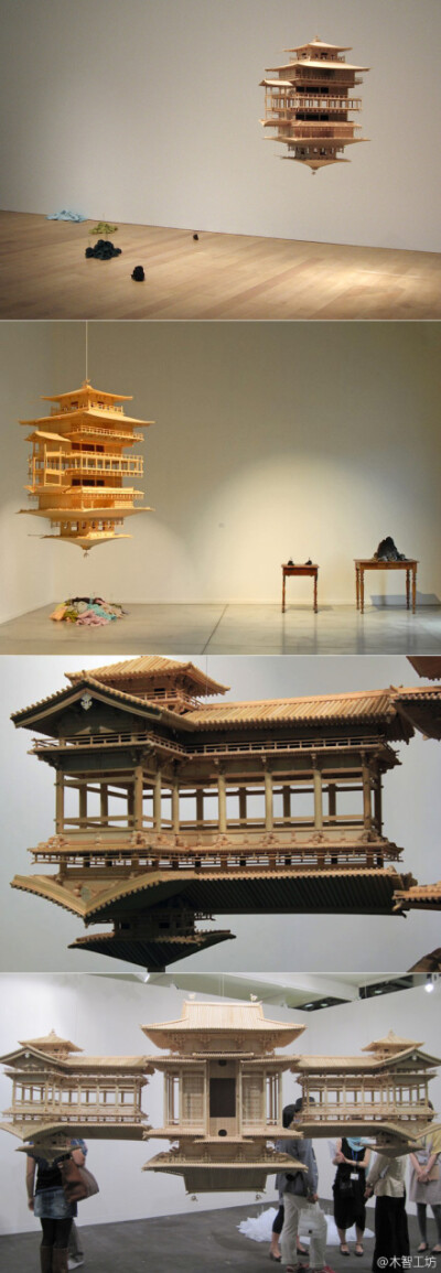 日本艺术家岩崎贵宏（Takahiro Iwasaki）的古建筑雕塑作品“反射的模型（Reflection Models）”，用柏木（Japanese cypress）和铁丝制作。