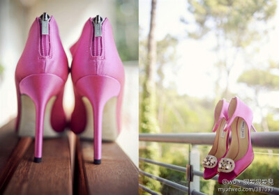 粉红色水钻细跟新娘鞋