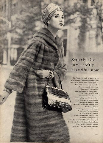 Revillon fur coat and Lucille handbag, photo by Clifford Coffin, 1956