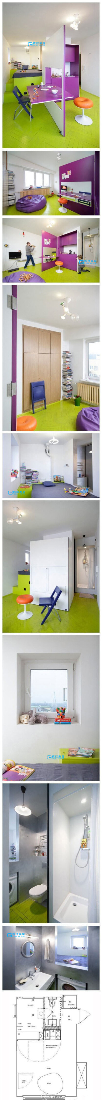【21平米小公寓】~~这套公寓采用了几个非常有趣的空间节省方案，比如可转换的厨房和餐厅，洗衣机放在床下面~~