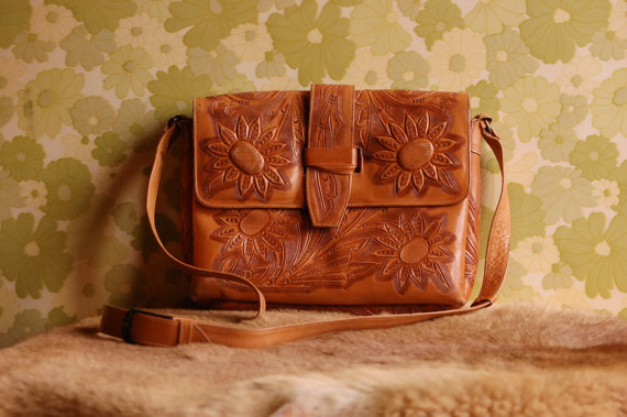 Vintage Hand Tooled Floral Design Purse With Adjustable Strap