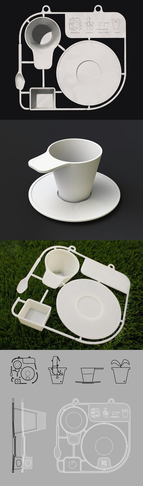 这是一套咖啡餐具，灵感来自拼装模型玩具。整套餐具包含了咖啡杯、碟和搅拌勺，一次注塑而成。使用就类似拼装模型玩具，拆下来就能使用，方便携带。另外十分环保，完全可以生物降解。 设计：Joana Carvalho