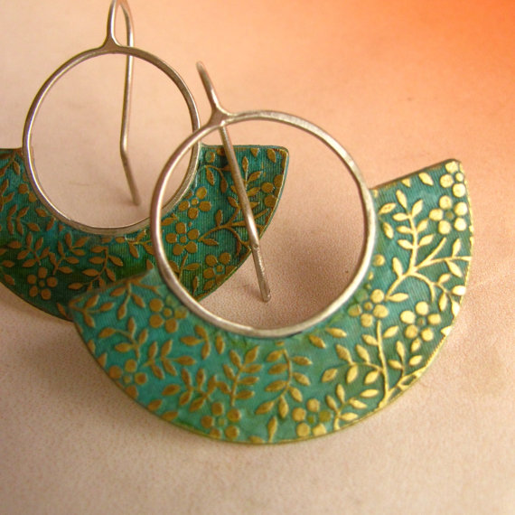 Floral Verdigris Earrings - Brass And Sterling Silver Mixed Metal Earrings