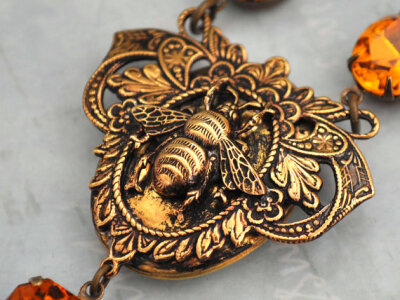 THE QUEEN BEE, Victorian style brass bee locket necklace with vintage topaz glass jewels