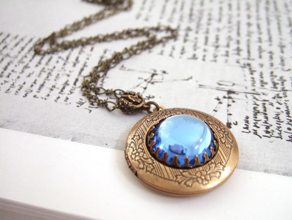 OLD TIME GLAMOR, vintage Swarovski crystal glass jewel locket necklace in antique brass