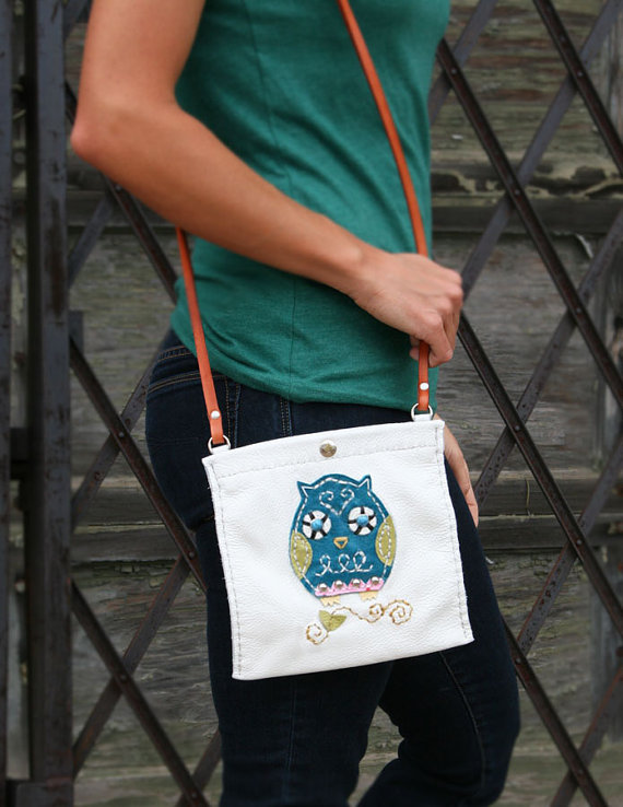 Little Owl Leather Messenger Bag Hand Stitched-White