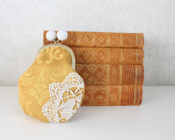 yellow coin purse with vintage lace