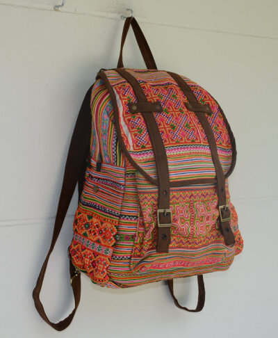 SPECIAL PRICE Orange Backpack Book Bag Handmade HMONG Vintage Fabric Fair Trade Thailand (bg510)