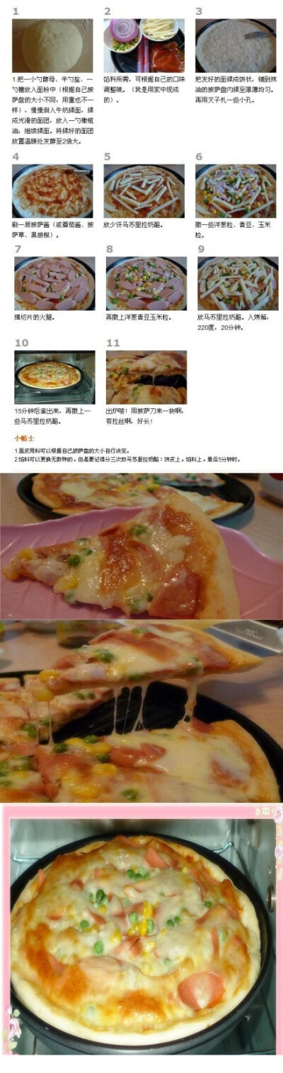 DIY简单做出美味披萨，食材明细：高筋面粉、酵母、牛奶、盐、糖、马苏里拉奶酪、火腿、披萨酱（或番茄酱） 洋葱、玉米粒、青豆粒、黑胡椒..