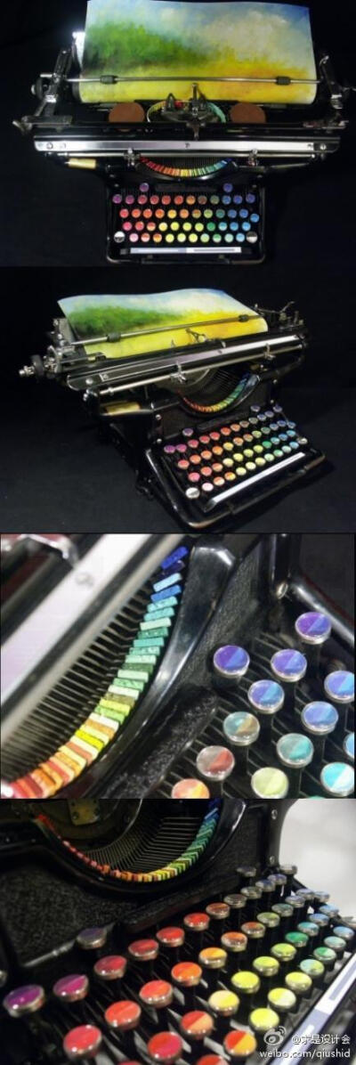 打字机早已过时，但它们依然有无限的潜力：艺术家Tyree Callahan对他一台1937年的老打字机加以改造，把所有的字母键替换成一种色彩(大小写不同色)，这样只要按动不同的键，就能打出一副抽象水彩画来。