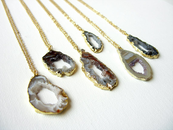 Long Gold Edged Geode Slice Necklace