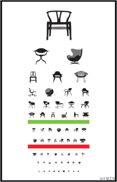 美国设计师Joel Pirela的海报作品，将20世纪最经典的椅子设计作品排版成视力表的格式。