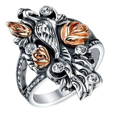 Christian Audigier Jewellery - Sterling Silver Oxidized Peacock Ring With Crystals-R002