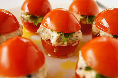 Campari tomatoes with olive/parsley cream cheese.