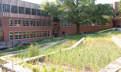 The landscape and building function as a single integrated system that is designed to capture, clean, and re-use wastewater from the school....