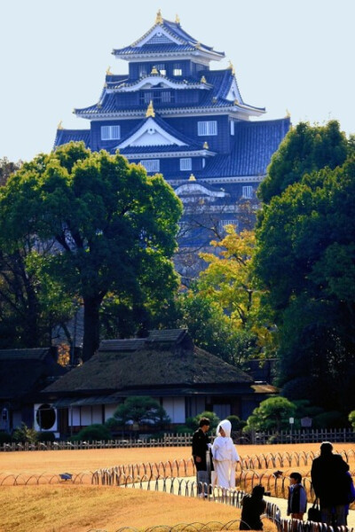 冈山市后乐园，拍摄结婚照的新婚夫妇。摄影by たっちゃん 后乐园属于日本三名园之一