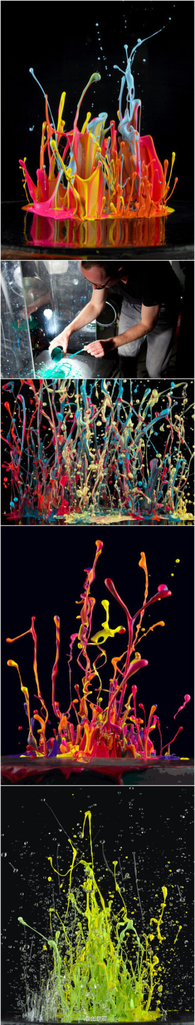 艺术家Martin Klimas把不同颜色的涂料放在一扬声器上，然后调整音量产生的震动让涂料谈起，之后迅速拍照。
