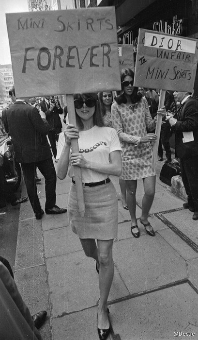 Girls from the British Society for the Protection of Mini Skirts stage a protest outside the House of Dior, for its 'unfair' treatment of mini skirts. (Photo by Larry Ellis,12th Sep,1966)...lol...mini skirts forever..