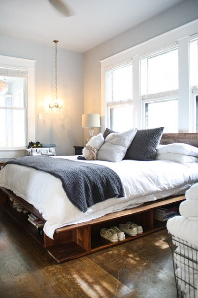 Master Bedroom. Soft, neutrals. Palette storage underneath the bed.