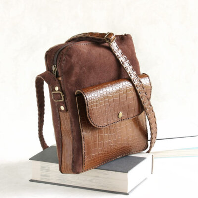 Sale.. Suede Leather Messenger Bag with Crocodile Print in Dark Brown