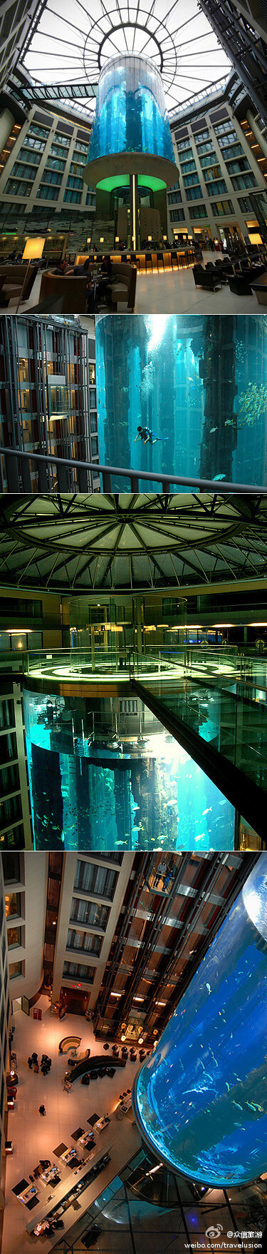 Radisson Blu酒店位于德国柏林，它的大堂里放置着世界上最大的圆柱形水族箱，高25米，直径11米，装有约1百万升海水，56个不同种类的大约2600条鱼生活在其中，并由专职潜水员饲养。水族箱中心设有电梯，游客可穿越水…