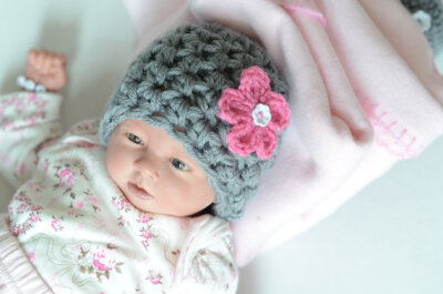 Baby Beanie Hat in grey with hot pink flower