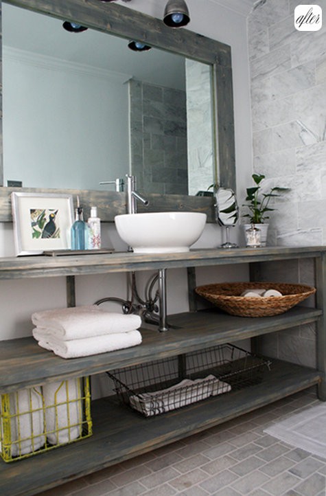 Love this bathroom vanity. Tone, open style, great sink.