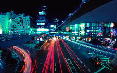 light Tokyo cityscapes streets night buildings long exposure fisheye