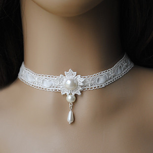 DIY 手作项链 白色精致蕾丝公主雪纱颈链颈饰珍珠短链饰品气质