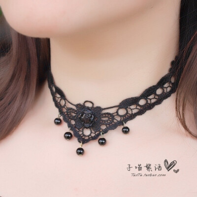 黑色珍珠玫瑰花朵蕾丝项链颈链颈饰女假领子